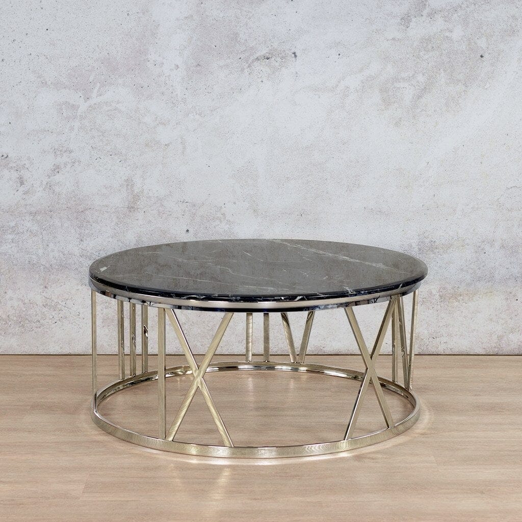 Zoya Coffee Table - Black Marble Look Top &amp; Silver Base - Available on Special Order Plan Only Coffee Table Leather Gallery DIA1010 x H450 Black Marble Top - Silver Base 