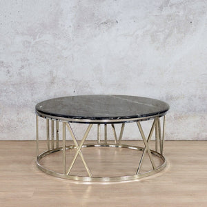 Zoya Coffee Table - Black Marble Look Top & Silver Base - Available on Special Order Plan Only Coffee Table Leather Gallery DIA1010 x H450 Black Marble Top - Silver Base 