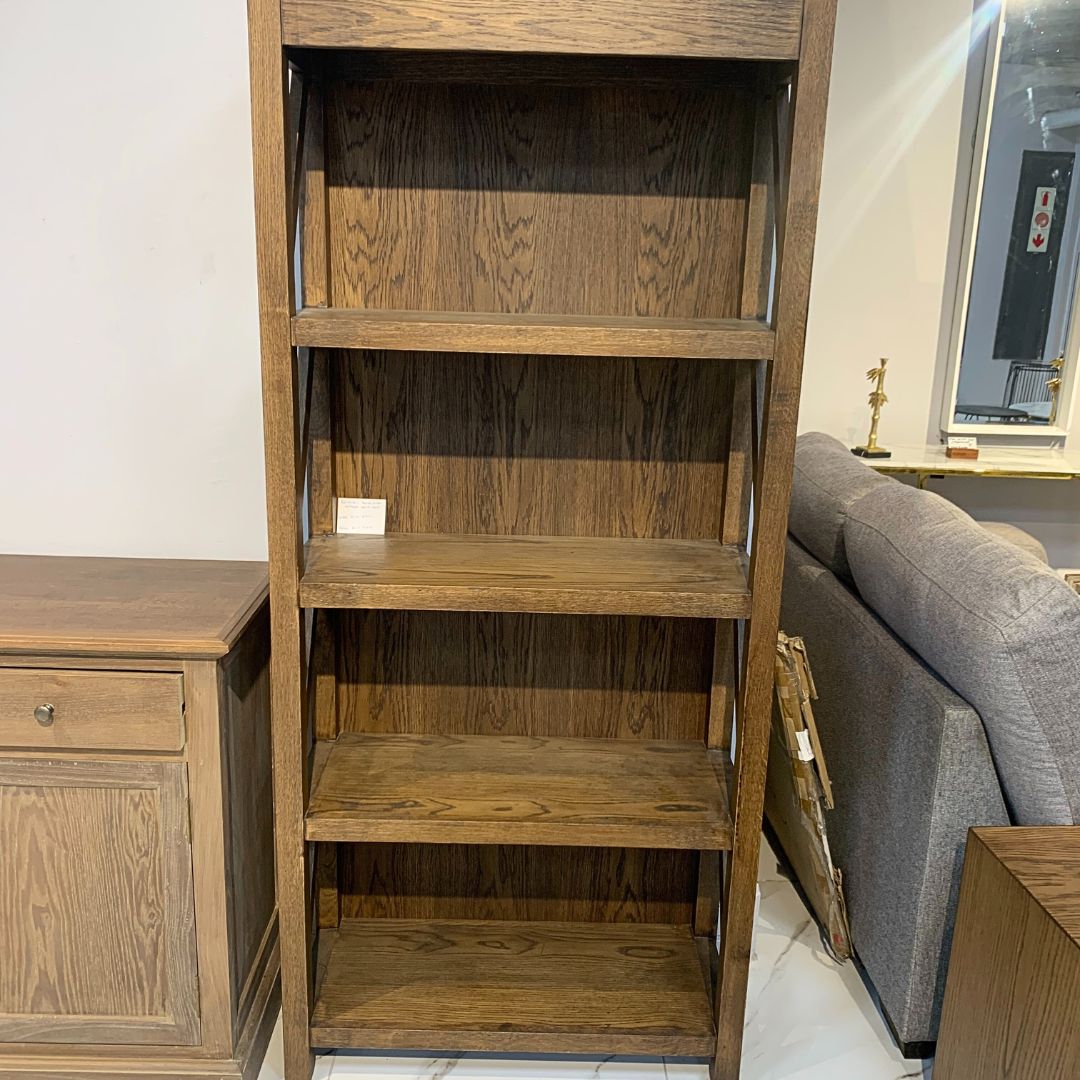 Leather Gallery Fairview Bookcase, featuring a wooden shelving design styled in a modern living room.