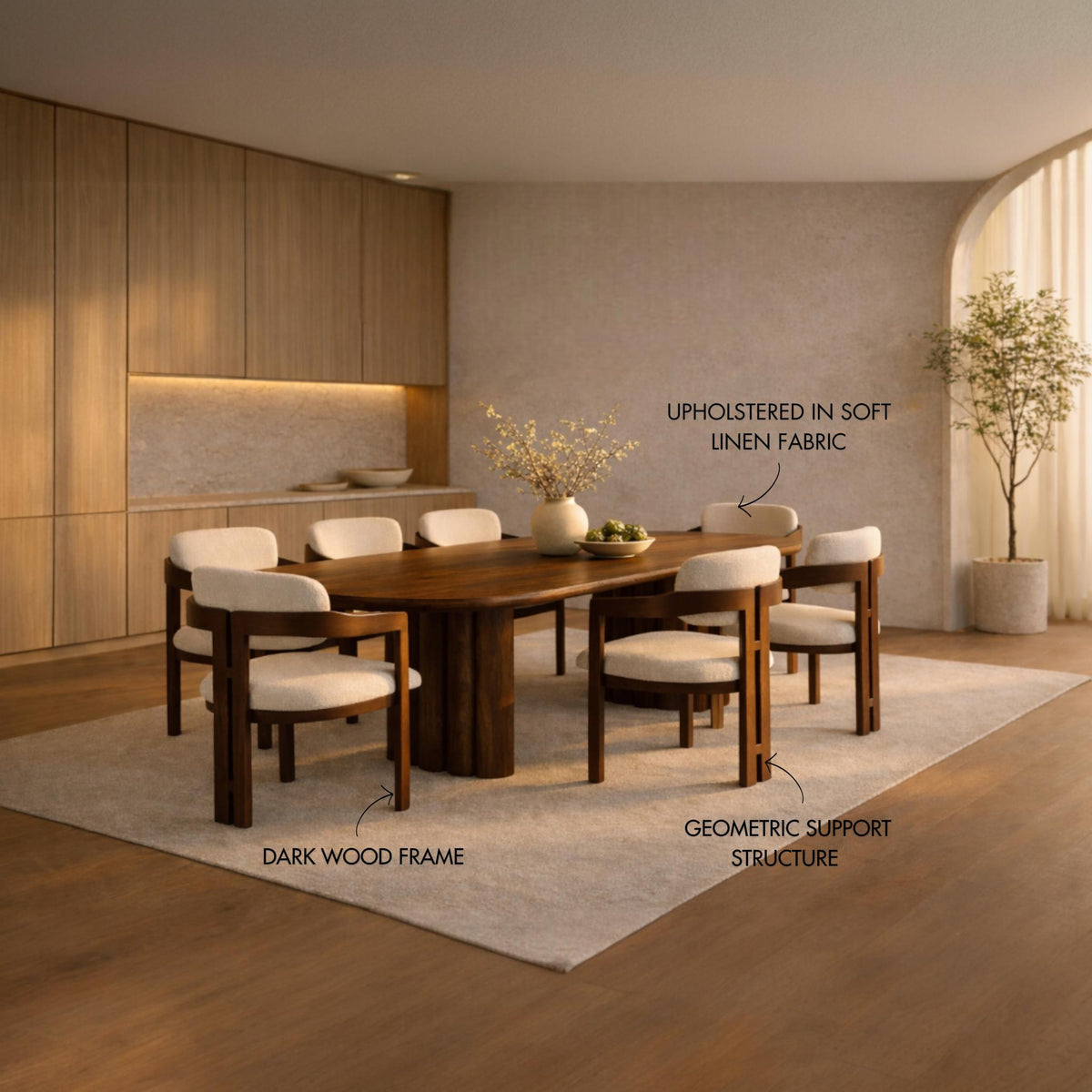 Gallery Everyday Gaia Dining Table in Brown Walnut, 2m 6 Seater, styled with dining chairs and highlighted product features.