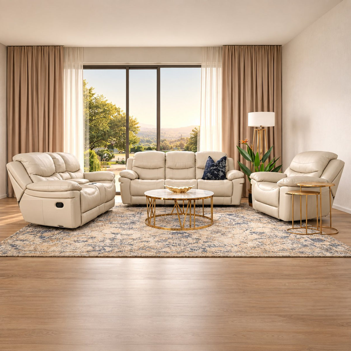 Geneva Leather Home Theatre Recliner Lounge Suite in beige, shown in a spacious lounge area. | recliner lounge suites, recliner couches, recliner chair, three seater recliner couch, two seater recliner couch 