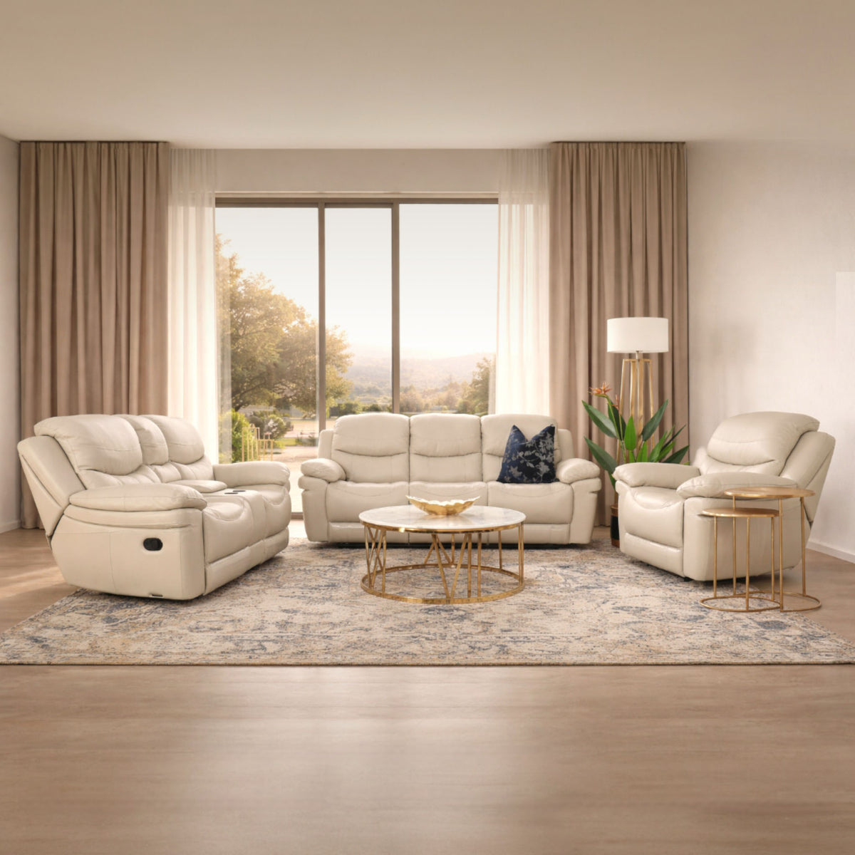 Geneva Leather Home Theatre Recliner Lounge Suite in beige, shown in a spacious lounge area. | recliner lounge suites, recliner couches, recliner chair, three seater recliner couch, two seater recliner couch 
