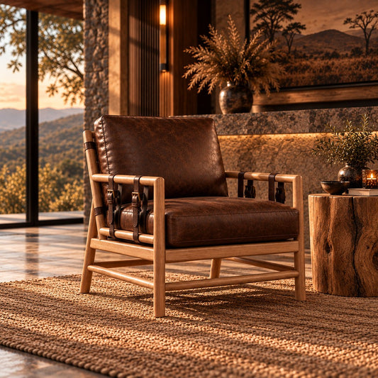 Stattera Grayson Leather Dining Chair in Midnight Brown, featuring rich leather upholstery, a natural wood frame, and leather strap detailing.