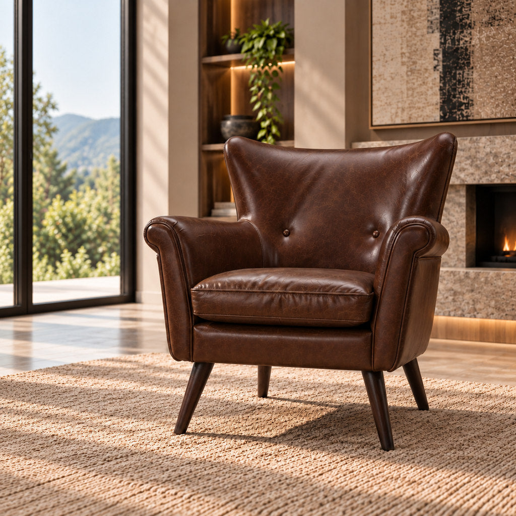 Stattera Harlan Leather Armchair in Cinder Brown, featuring top-grain cow leather upholstery, generous cushioning and a structured contemporary silhouette.