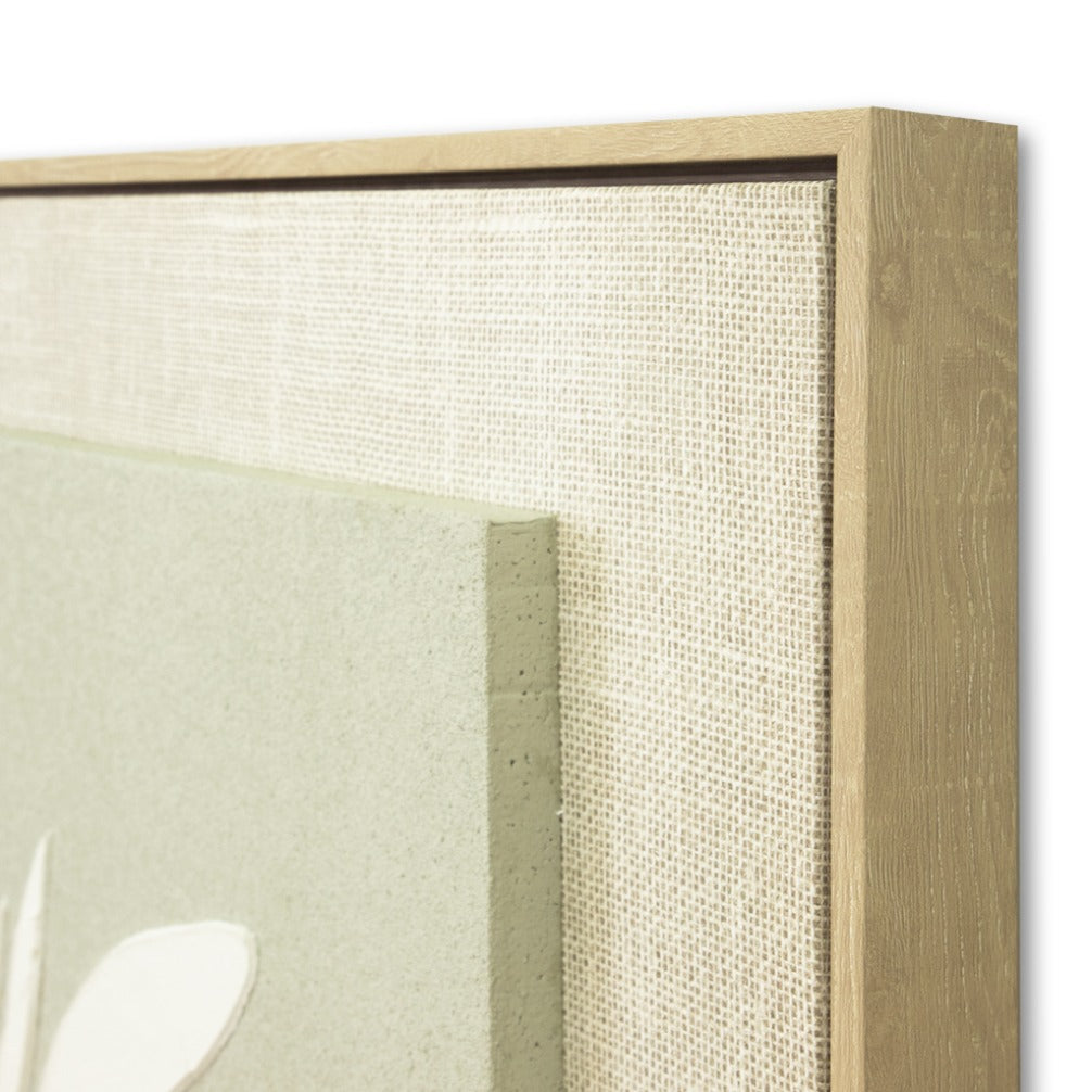 Side profile corner of Hush Of The Grove wall art showing the light wood frame and the layered 3D texture of the canvas. Wall decor for modern spaces.