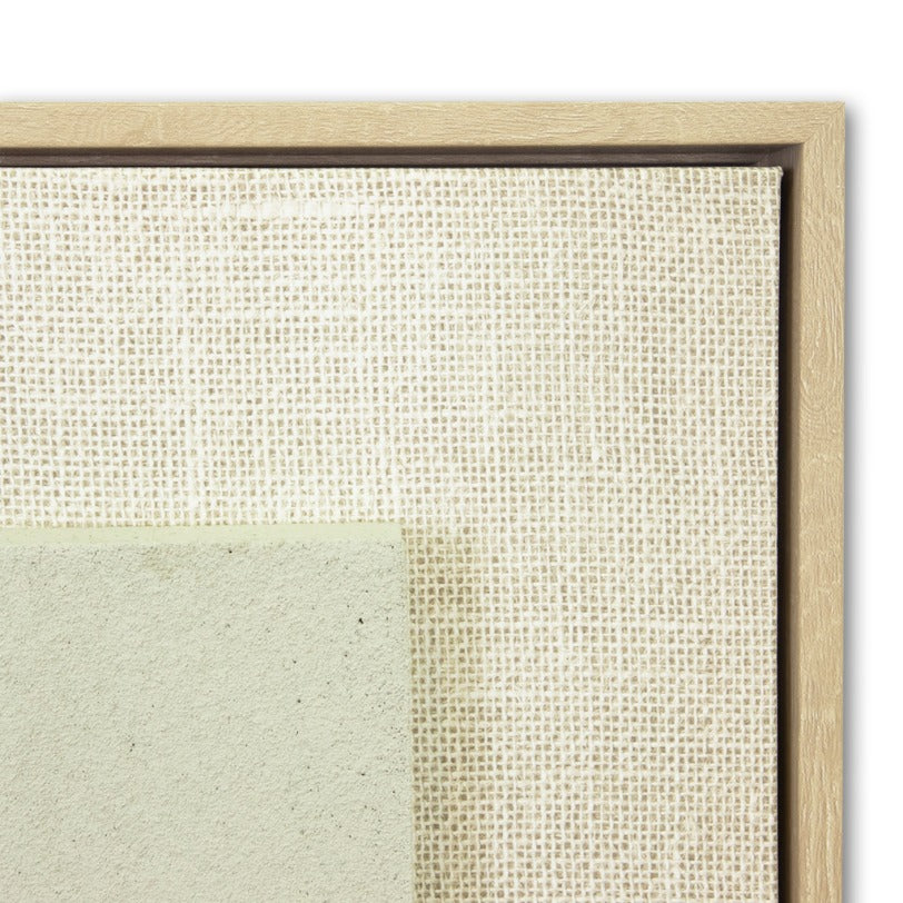 Close-up corner detail of Hush Of The Grove wall decor, highlighting the woven canvas texture and the smooth sage-colored interior panel.
