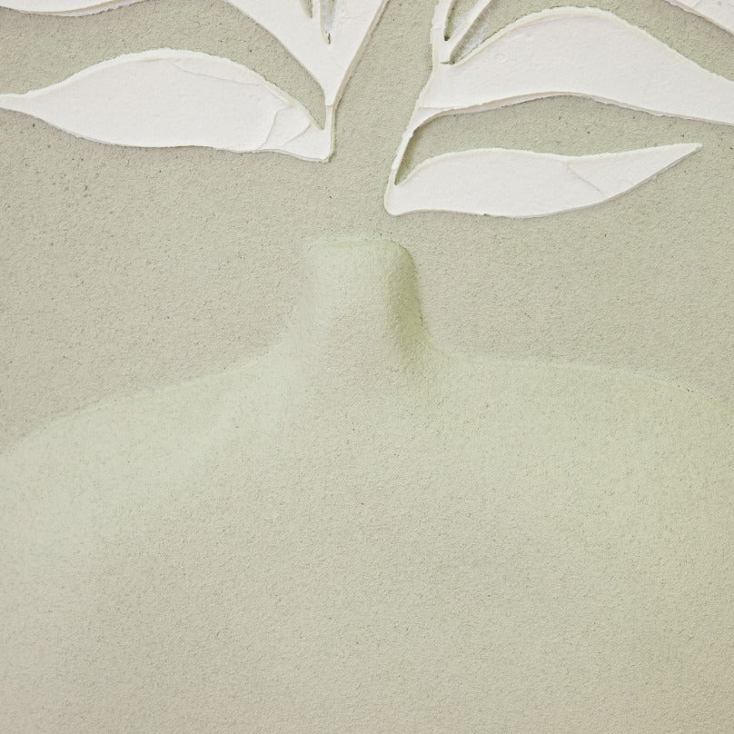 Detailed view of the subtly raised vase shape and thick white leaf texture, perfect for modern minimalist bedroom wall art. 