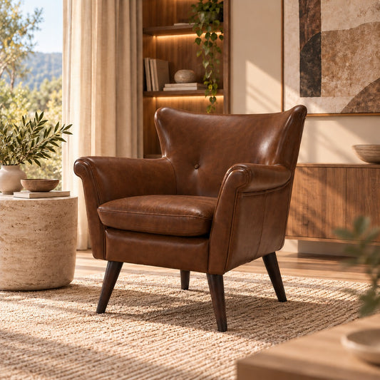 Stattera Harlan Leather Armchair in Cinder Brown, featuring top-grain cow leather upholstery, generous cushioning and a structured contemporary silhouette.