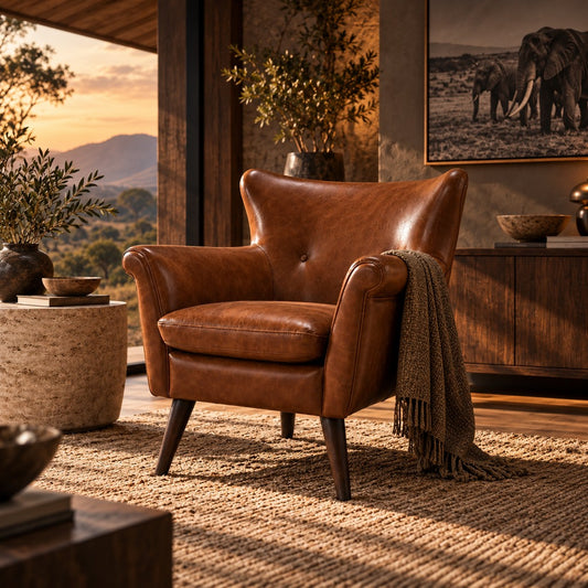 Stattera Harlan Leather Armchair in Cinder Brown, featuring top-grain cow leather upholstery, generous cushioning and a structured contemporary silhouette.