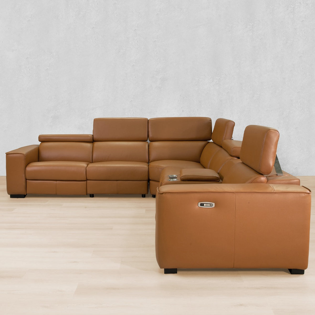 Houston Leather Recliner Corner Couch, wrapped in Tan-hued genuine leather uppers, with adjustable headrest s. | Leather Gallery Corner Couches, leather corner couch, l-shaped couches leather 