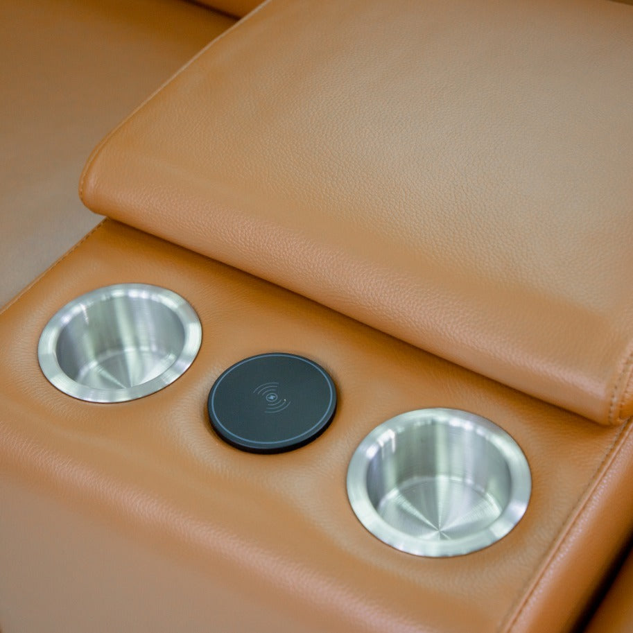 Houston Leather Recliner Corner Couches - Tan, with dual cupholders and a storage console. | Leather Gallery Corner couches, L-shaped couches, home theatre corner couch
