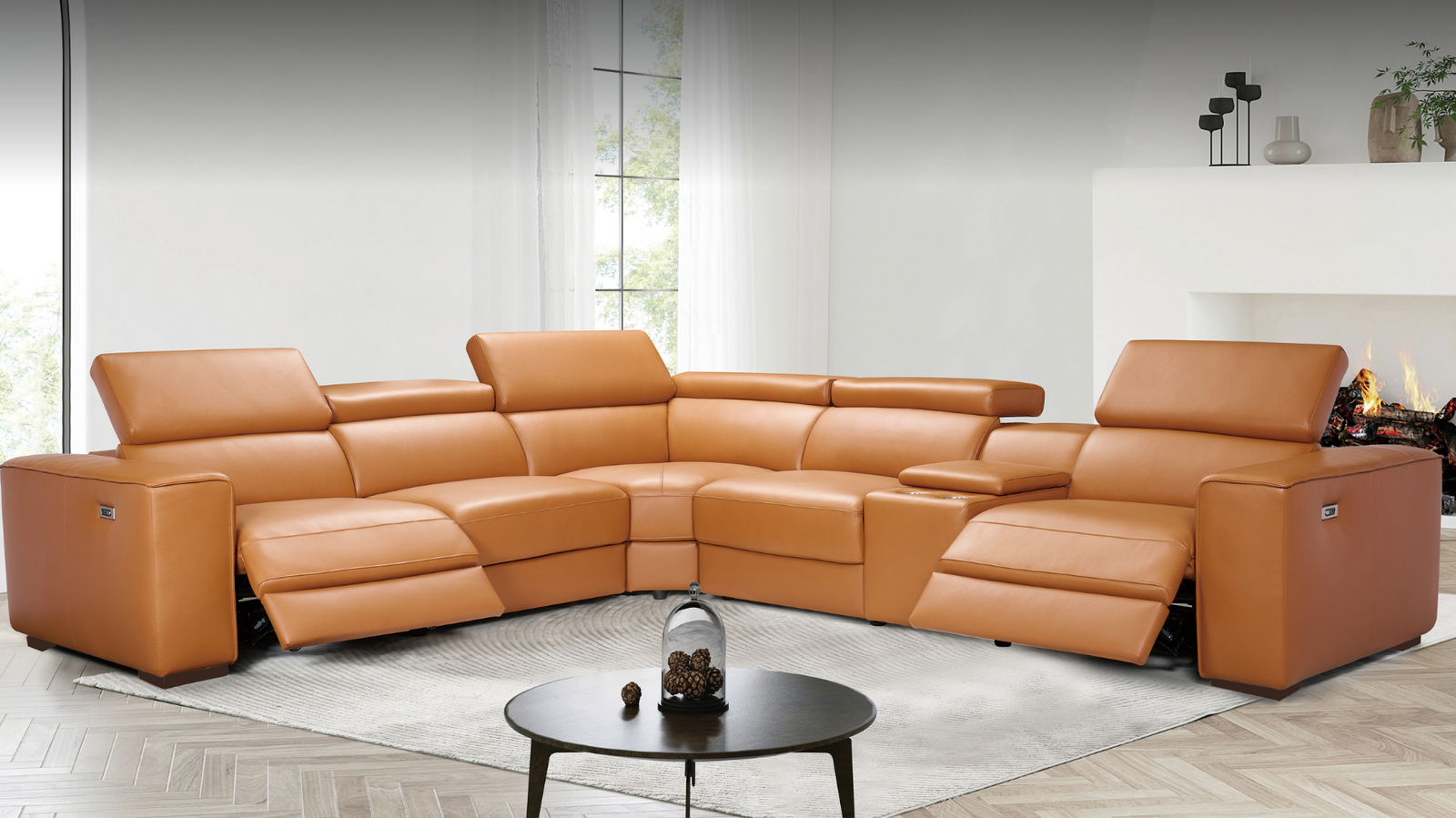Discover the sophistication of the Houston Leather Corner Couch in Tan, with built-in cup holders, USB Ports, a storage console and a wireless charger.  