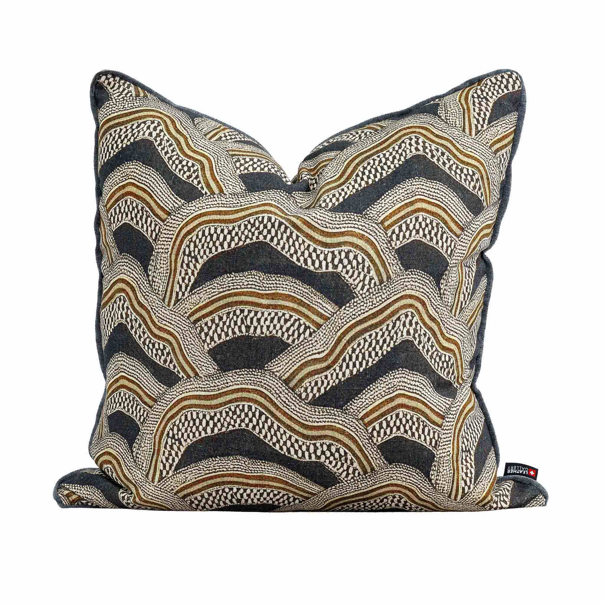 Front view of the Leather Gallery Imperial Partridge Cushion in Volcanic Ash, shown against a white background.