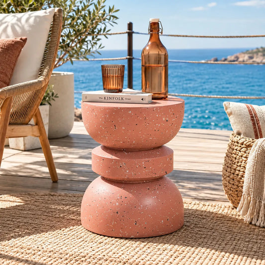 Gallery Everyday Kalista Side Table in Coral, featuring a terracotta speckled finish and sculptural stacked design.