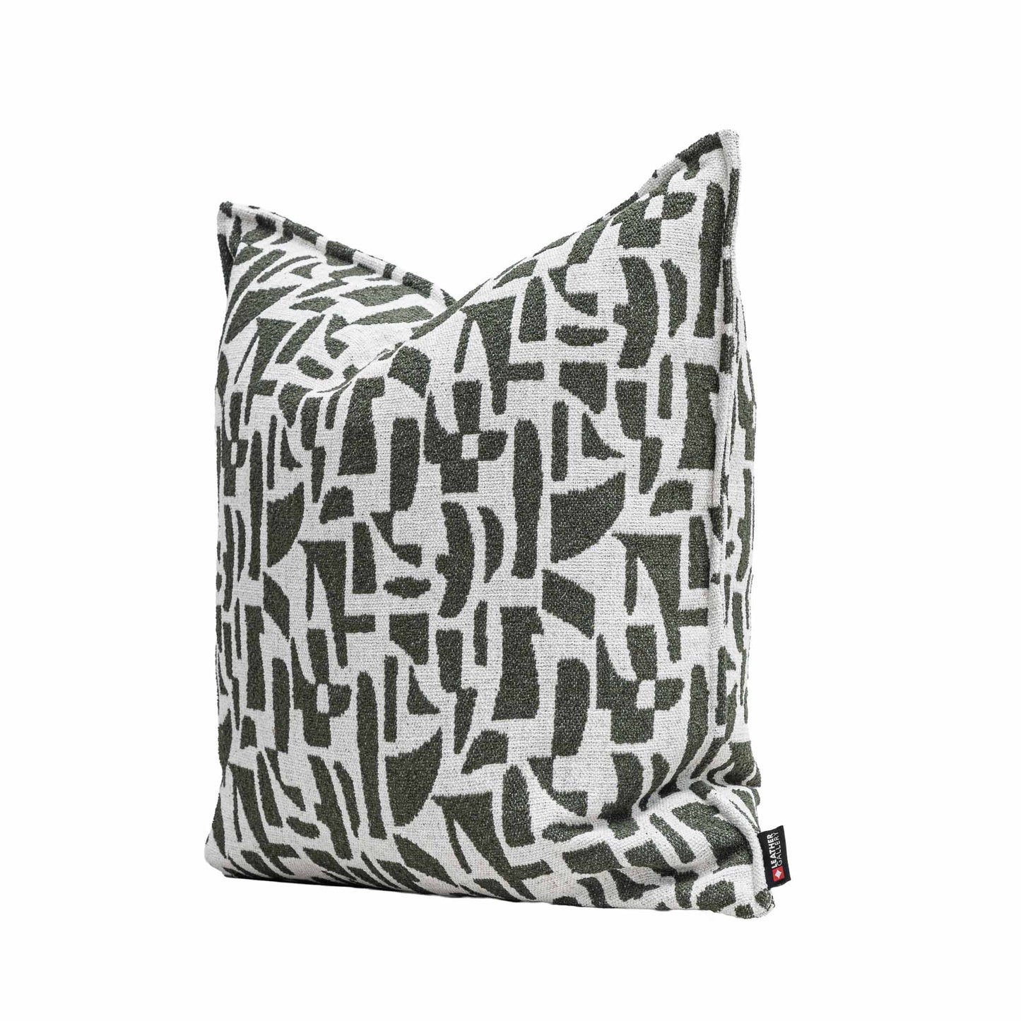 Leather Gallery Krait Cushion in Mediterranean Olive, featuring a bold geometric pattern in olive green and off-white.