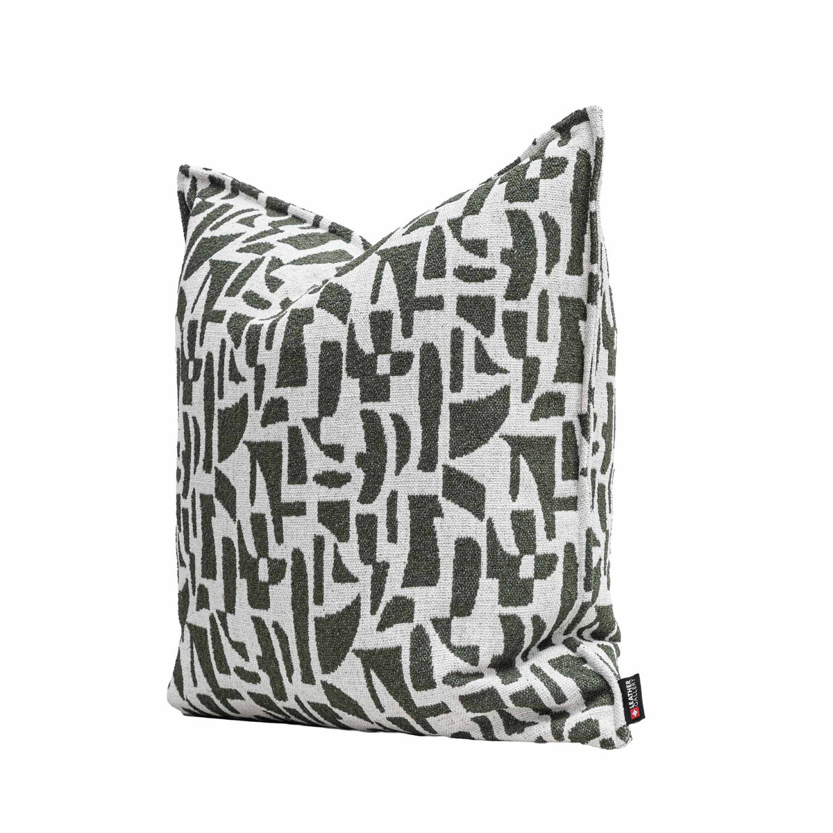 Leather Gallery Krait Cushion in Mediterranean Olive, featuring a bold geometric pattern in olive green and off-white.