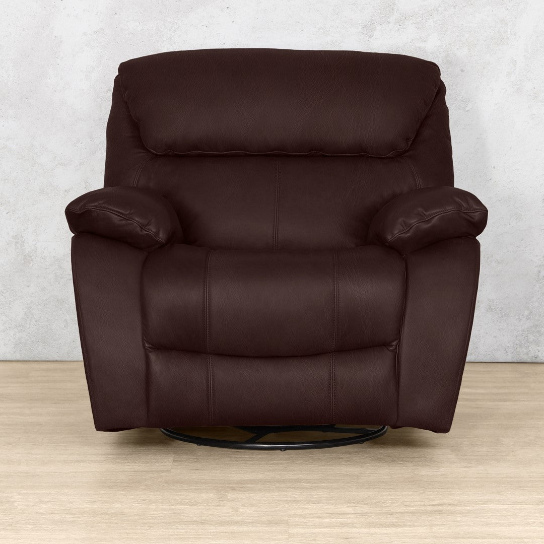 Leather Gallery Kuta 1 Seater Leather Recliner Chair in Royal Coffee, featuring rich brown leather upholstery in an upright position.