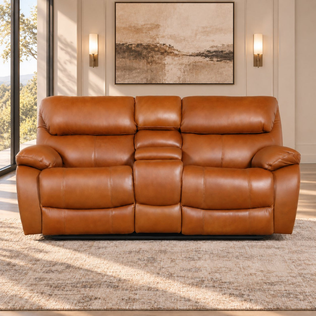 Leather Gallery Kuta 2 Seater Leather Recliner Home Theatre in Czar Pecan, featuring smooth leather upholstery and dual reclining seats.