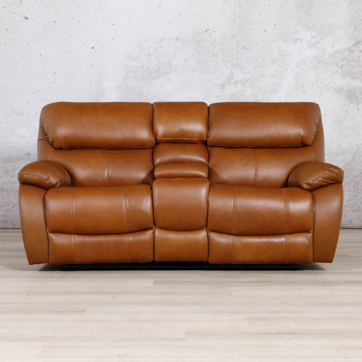 Leather Gallery Kuta 2 Seater Leather Recliner Home Theatre in Czar Pecan, featuring smooth leather upholstery and dual reclining seats.