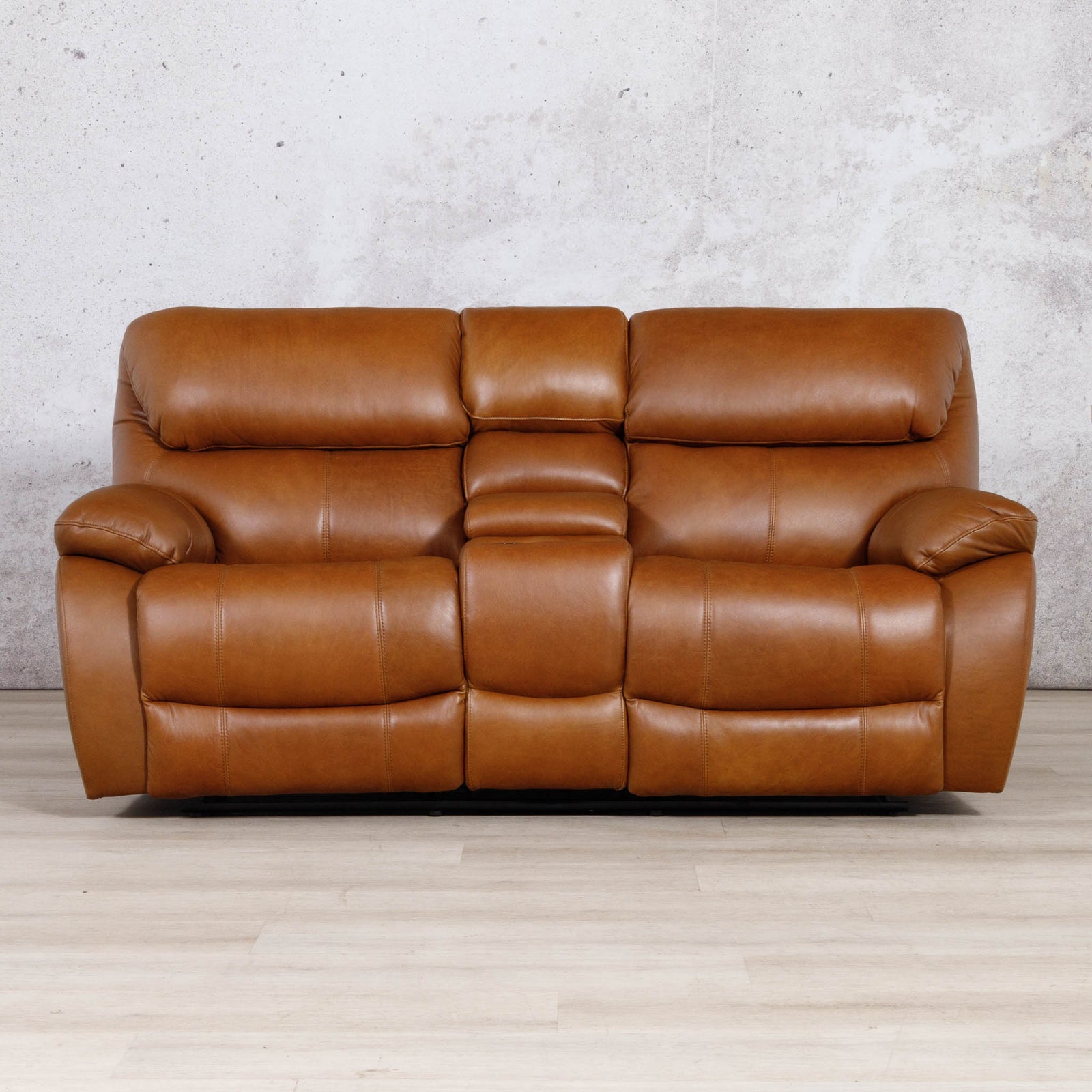 Leather Gallery Kuta 2 Seater Leather Recliner Home Theatre in Czar Pecan, featuring smooth leather upholstery and dual reclining seats.