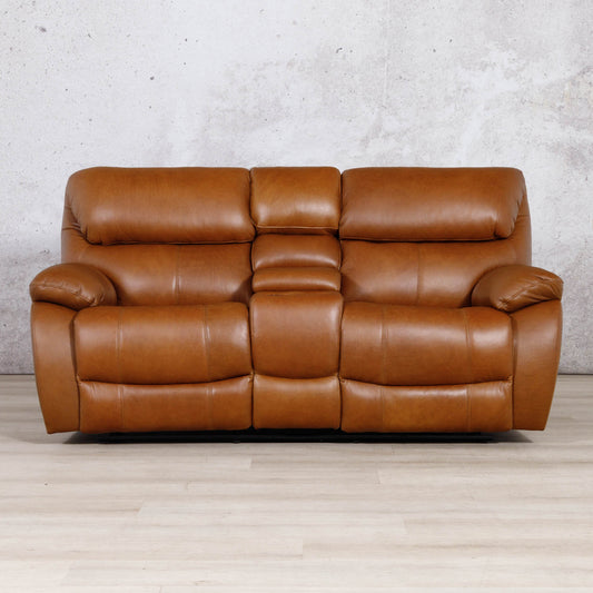 Leather Gallery Kuta 2 Seater Leather Recliner Home Theatre in Czar Pecan, featuring smooth leather upholstery and dual reclining seats.