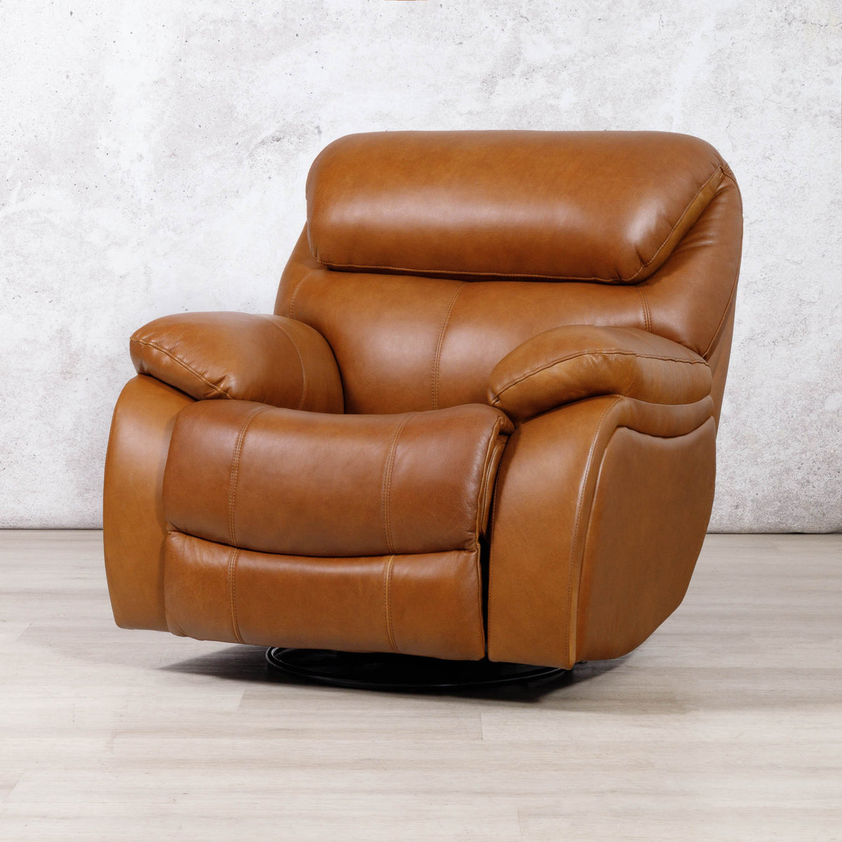 Leather Gallery Kuta 1 Seater Leather Recliner in Czar Pecan, featuring tan leather upholstery and a black swivel base.