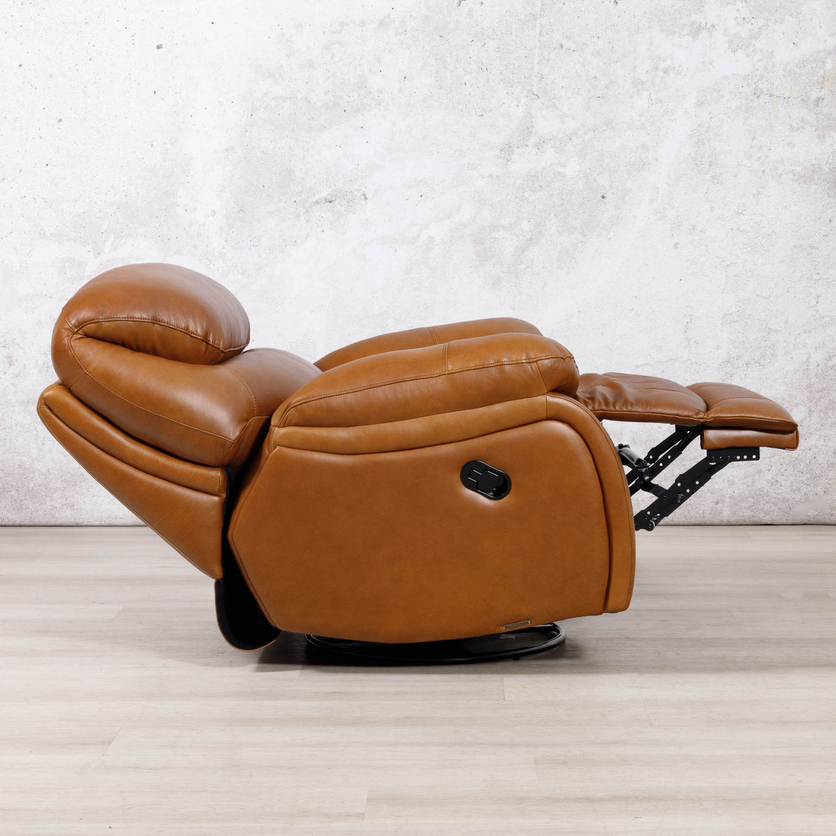 Side view of the Leather Gallery Kuta 1 Seater Leather Recliner in Czar Pecan, shown with the footrest extended.