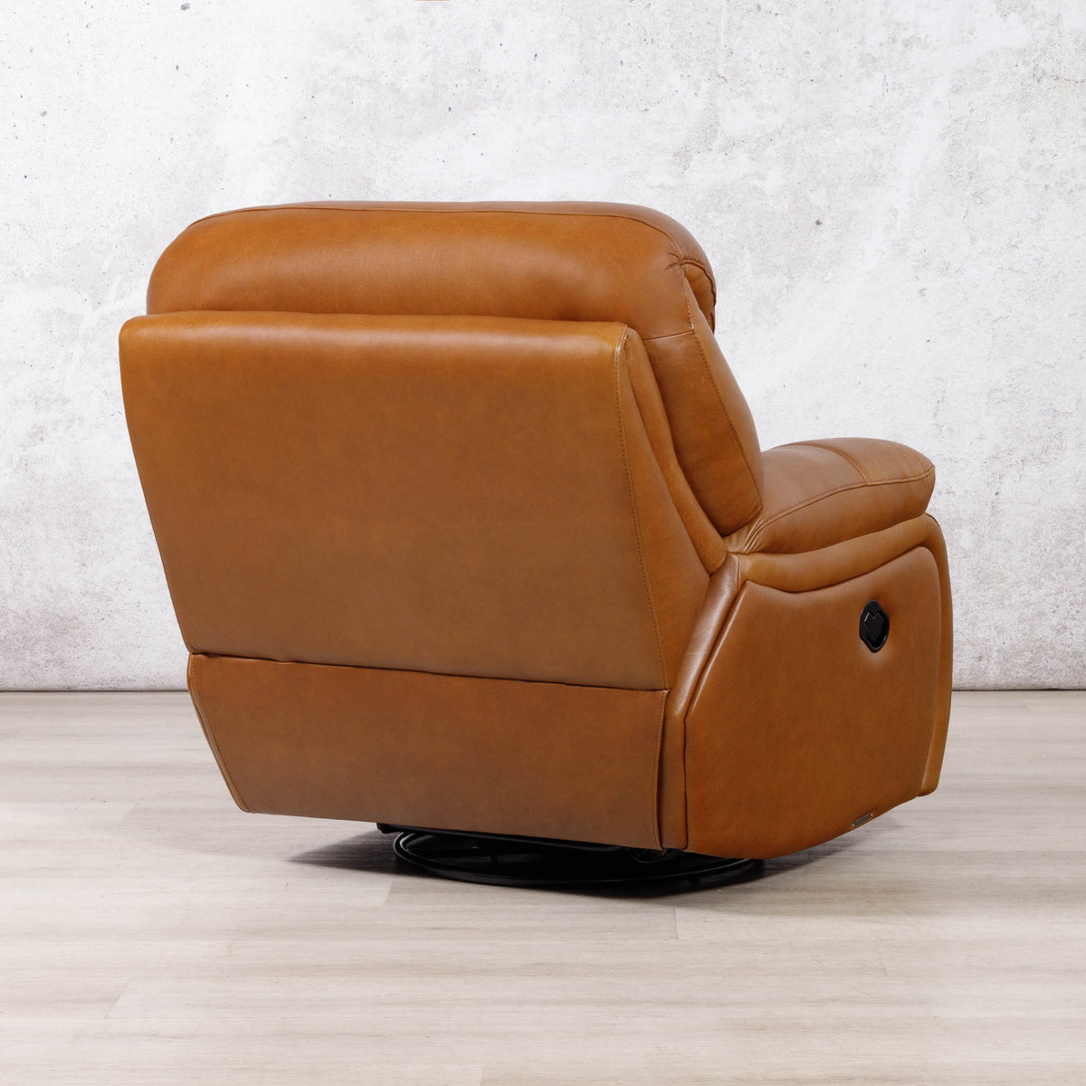 Three-quarter view of the Leather Gallery Kuta 1 Seater Leather Recliner in Czar Pecan, showing its leather upholstery and recliner design.