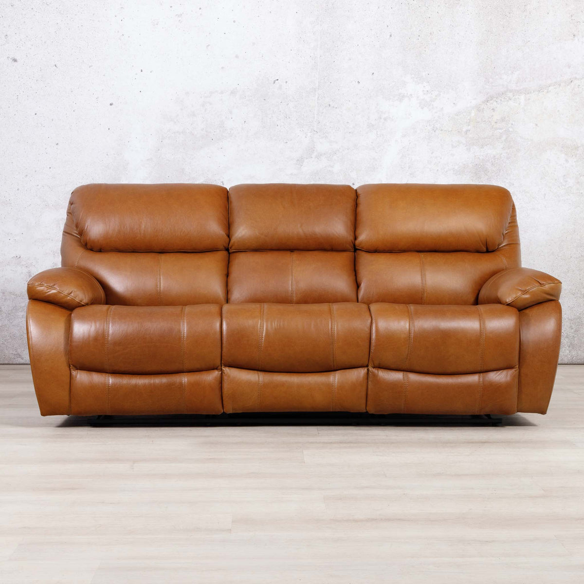 Leather Gallery Kuta 3 Seater Leather Recliner in Czar Pecan, featuring smooth leather upholstery and power reclining seats.