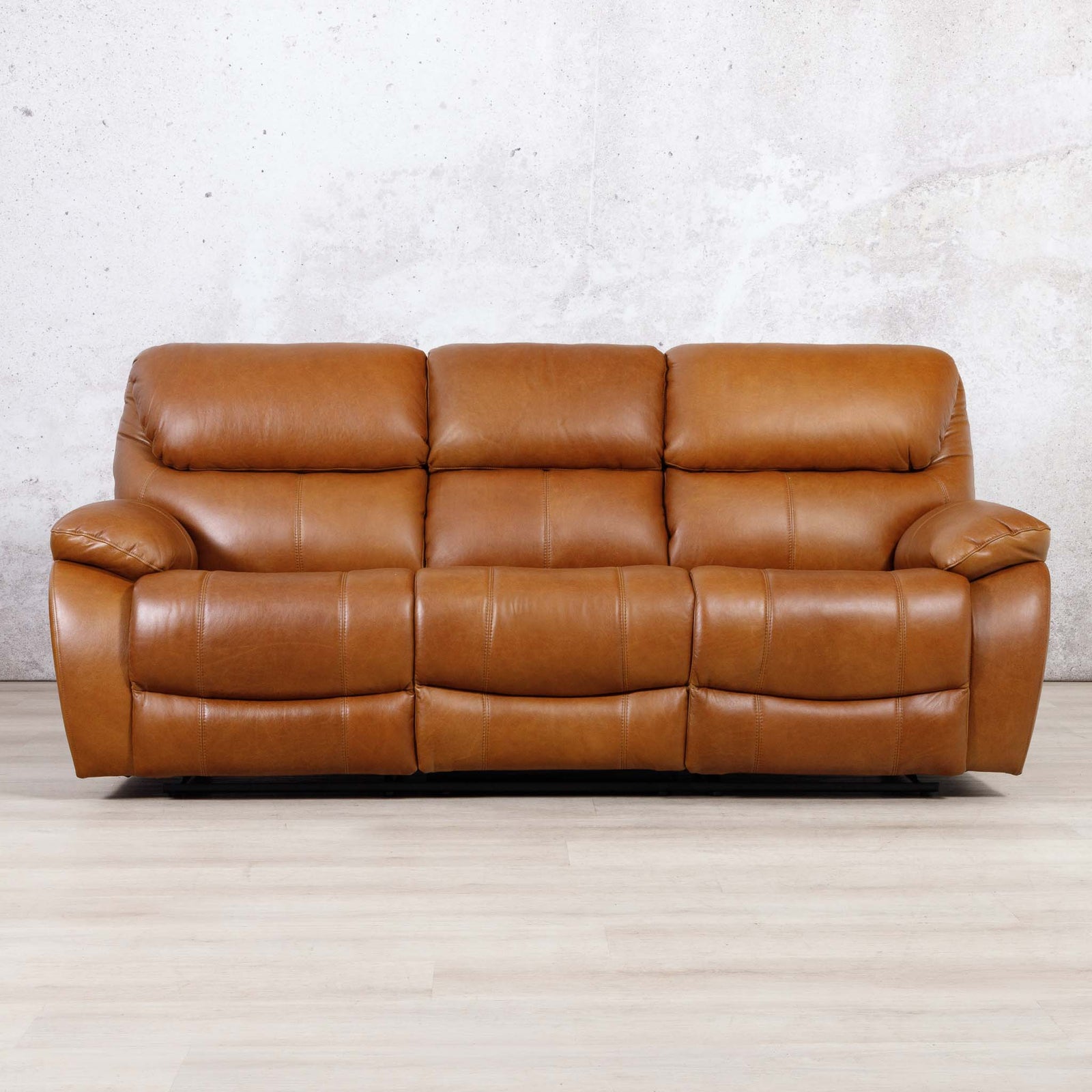 Leather Gallery Kuta 3 Seater Leather Recliner in Czar Pecan, featuring smooth leather upholstery and power reclining seats.