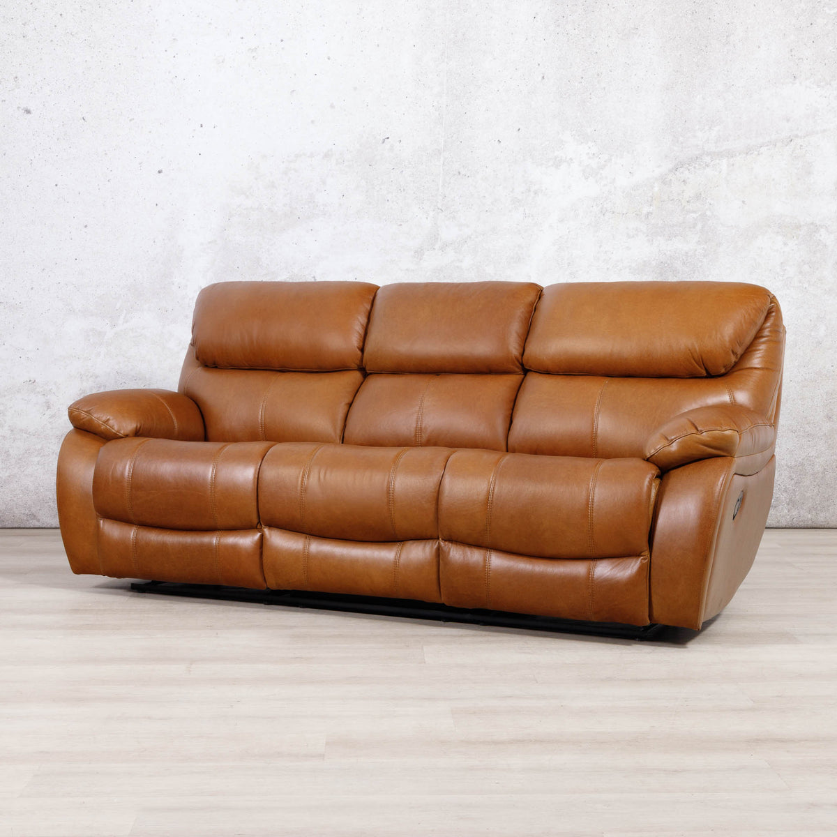 Leather Gallery Kuta 3 Seater Leather Recliner in Czar Pecan, featuring smooth leather upholstery and reclining seats.