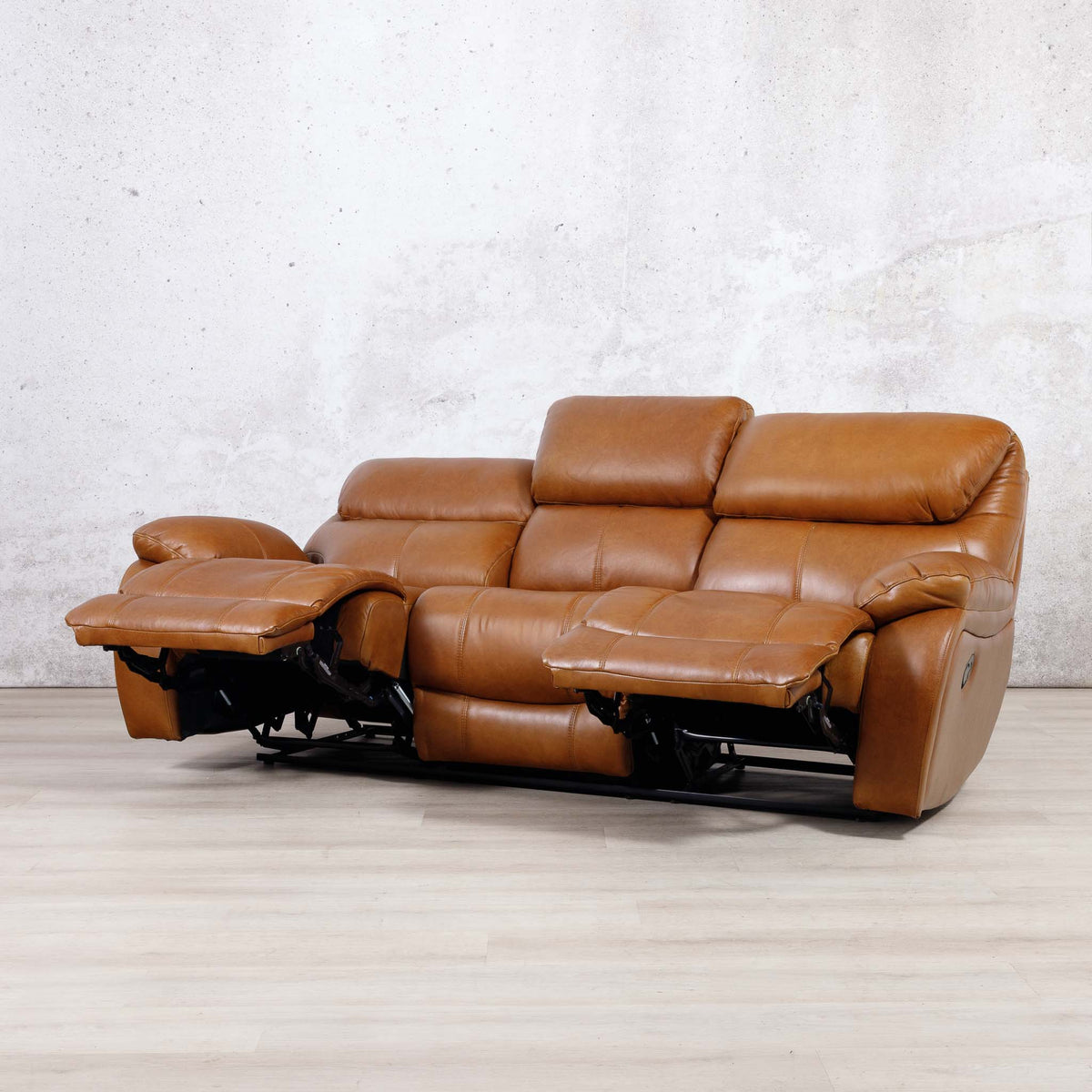 Leather Gallery Kuta 3 Seater Leather Recliner in Czar Pecan, shown with both footrests extended.