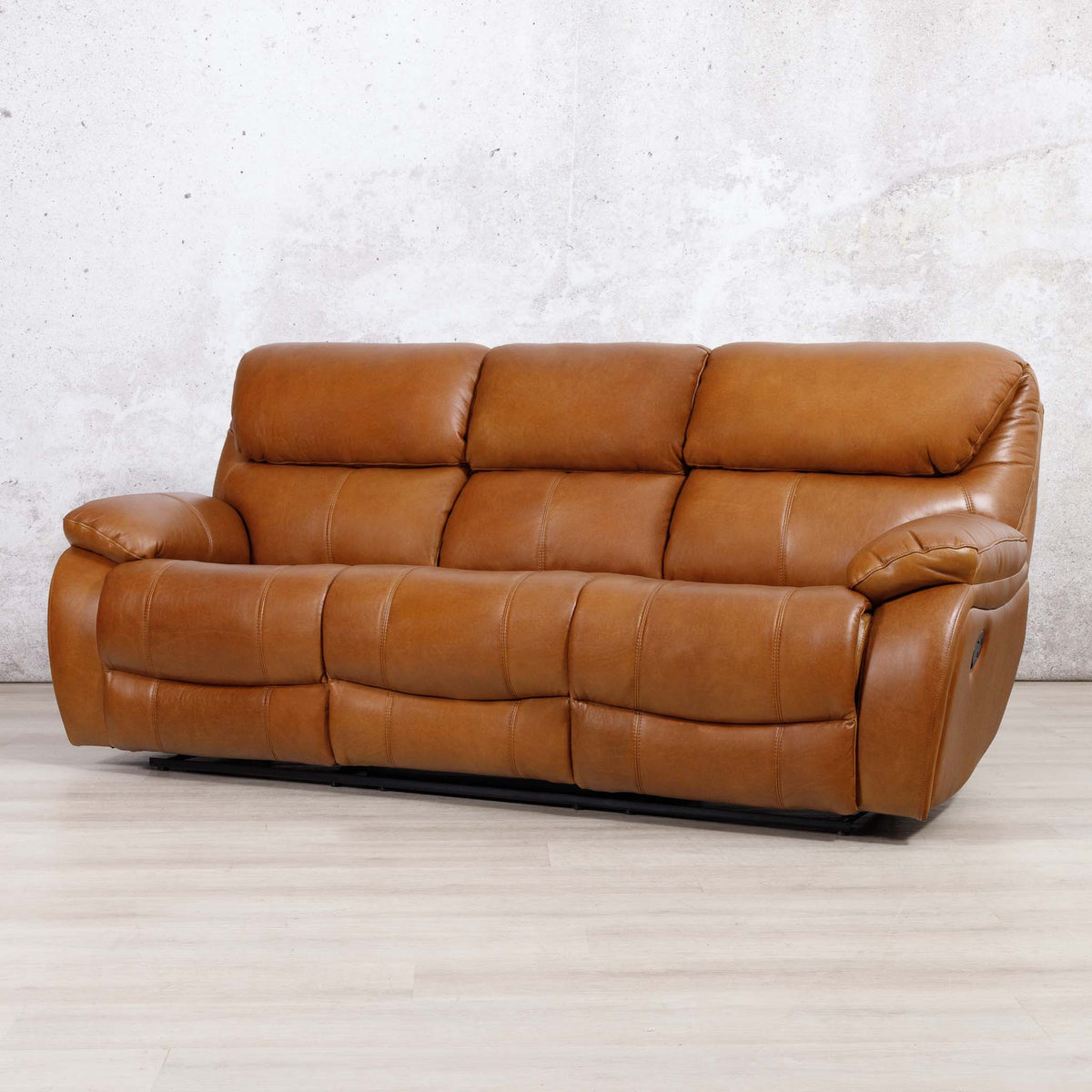 Leather Gallery Kuta 3 Seater Leather Recliner in Czar Pecan, featuring smooth leather upholstery and power reclining seats.