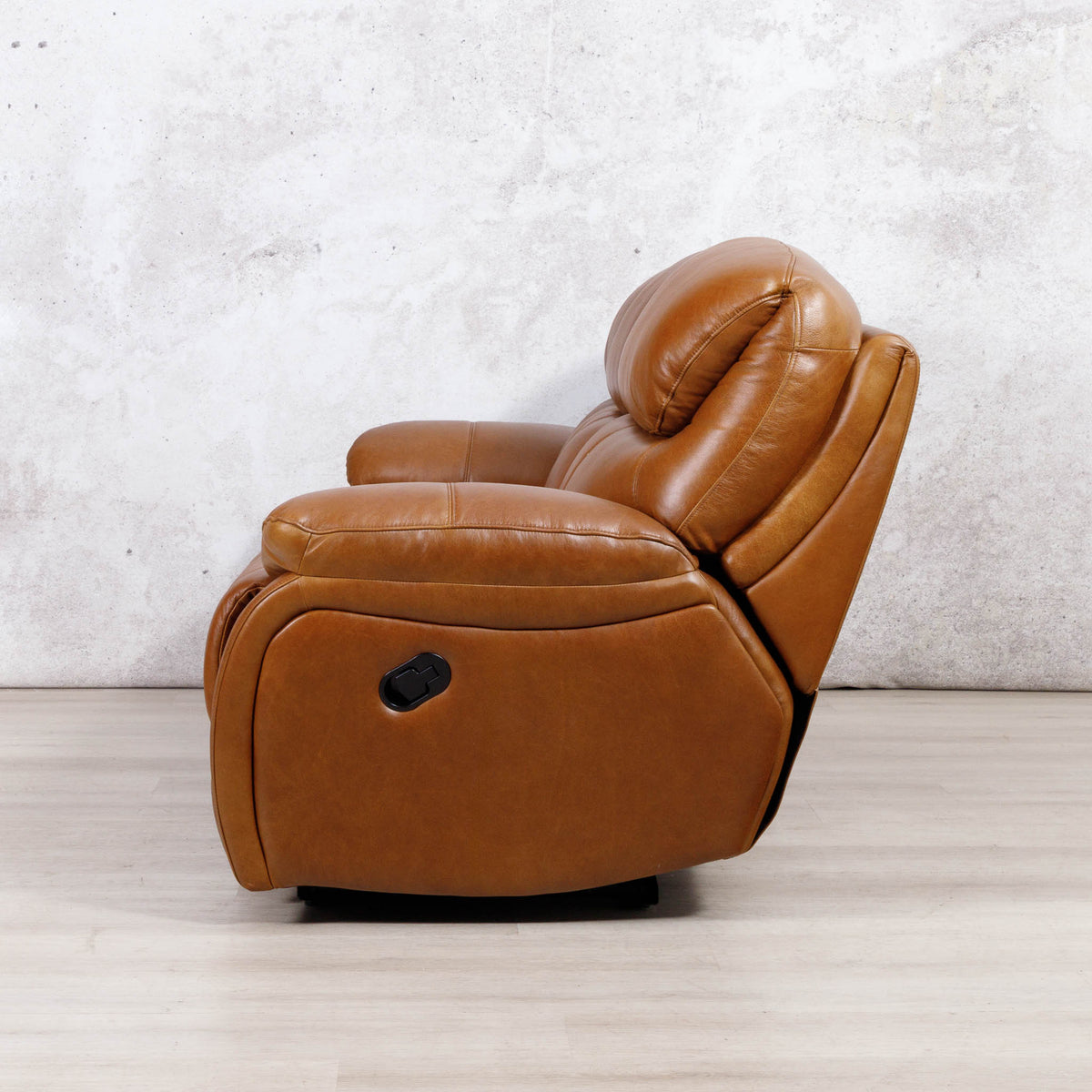Side view of the Leather Gallery Kuta 3 Seater Leather Recliner in Czar Pecan, showing the side control button and leather upholstery.