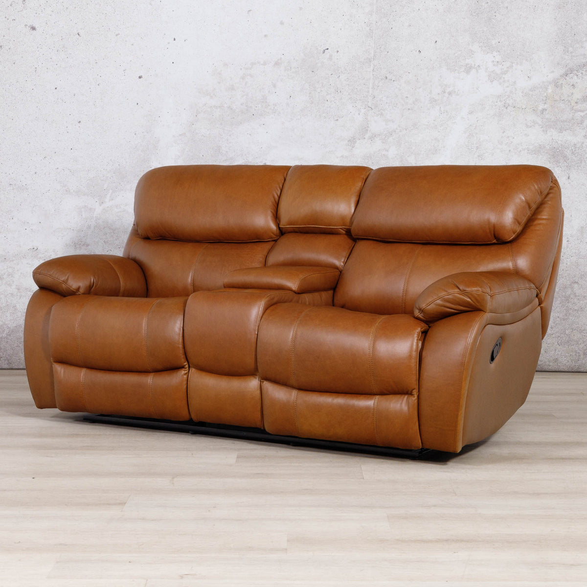 Leather Gallery Kuta 2 Seater Leather Recliner Home Theatre in Czar Pecan, featuring a centre armrest with cup holder and dual reclining seats.