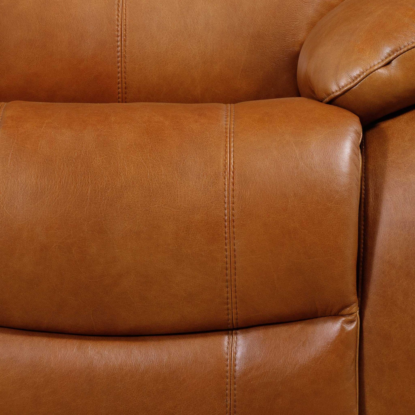 Close-up of the Leather Gallery Kuta 1 Seater Leather Recliner in Czar Pecan, showing the seat cushion, backrest, armrest, and visible stitching.