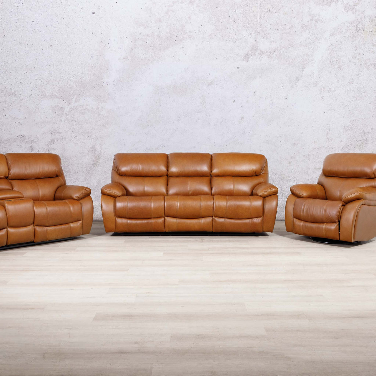 Leather Gallery Kuta 3+2+1 Leather Recliner Suite in Czar Pecan, featuring matching 3 seater, 2 seater home theatre, and 1 seater recliners.