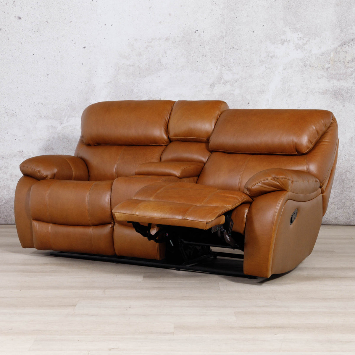 Leather Gallery Kuta 2 Seater Leather Recliner Home Theatre in Czar Pecan, shown with the centre footrest extended.