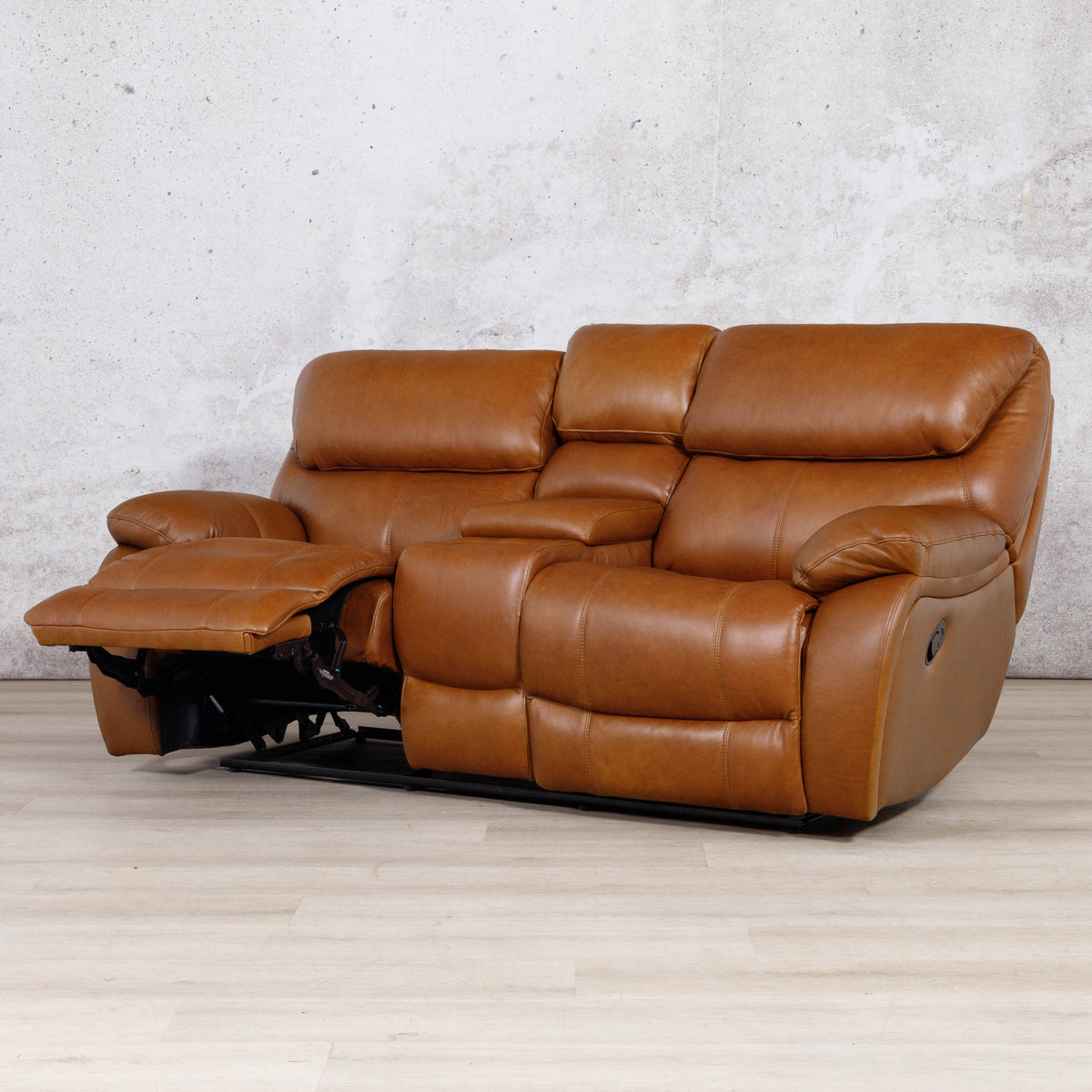 Leather Gallery Kuta 2 Seater Leather Recliner Home Theatre in Czar Pecan, shown with the left footrest extended.