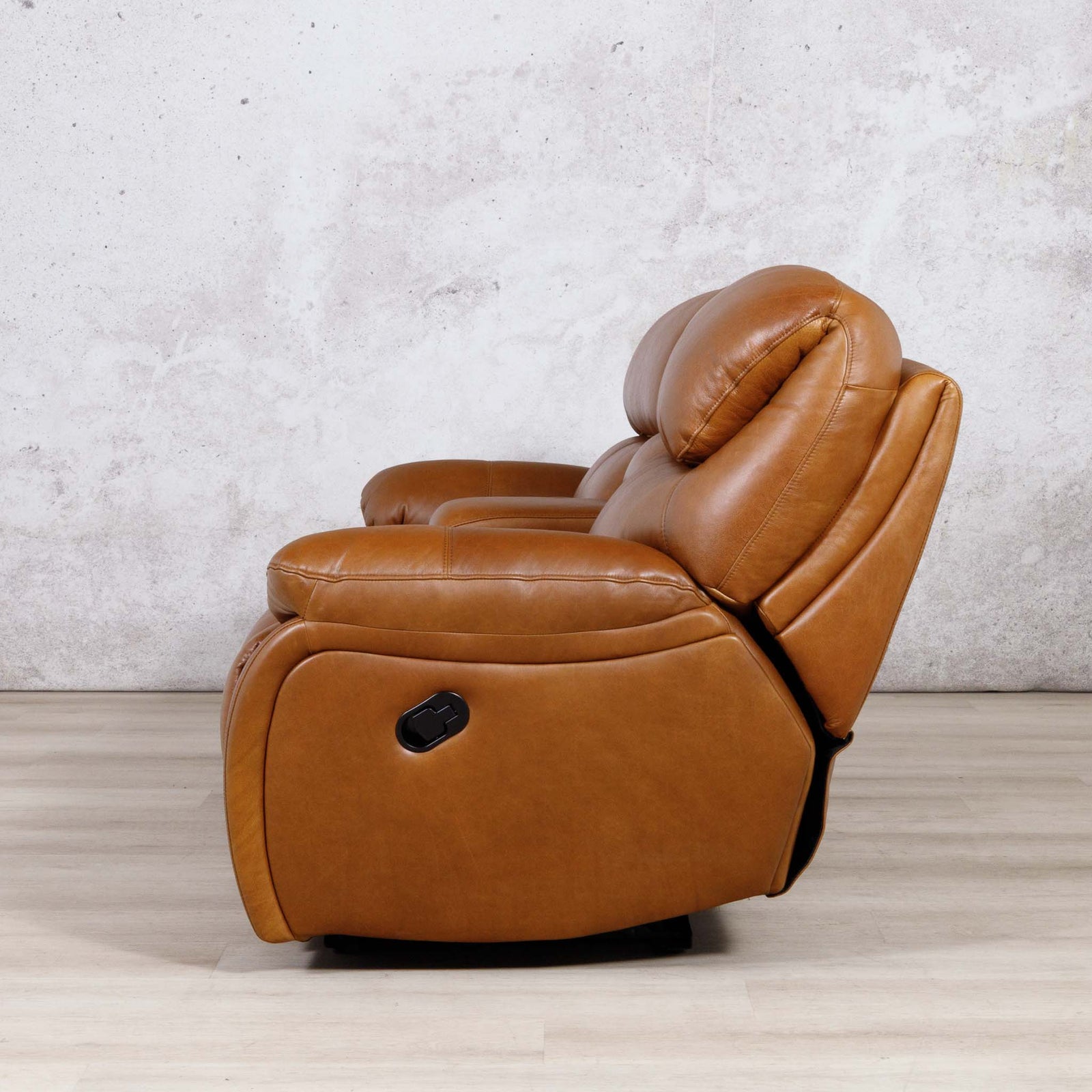 Side view of the Leather Gallery Kuta 2 Seater Leather Recliner Home Theatre in Czar Pecan, showing its leather upholstery and recliner profile.