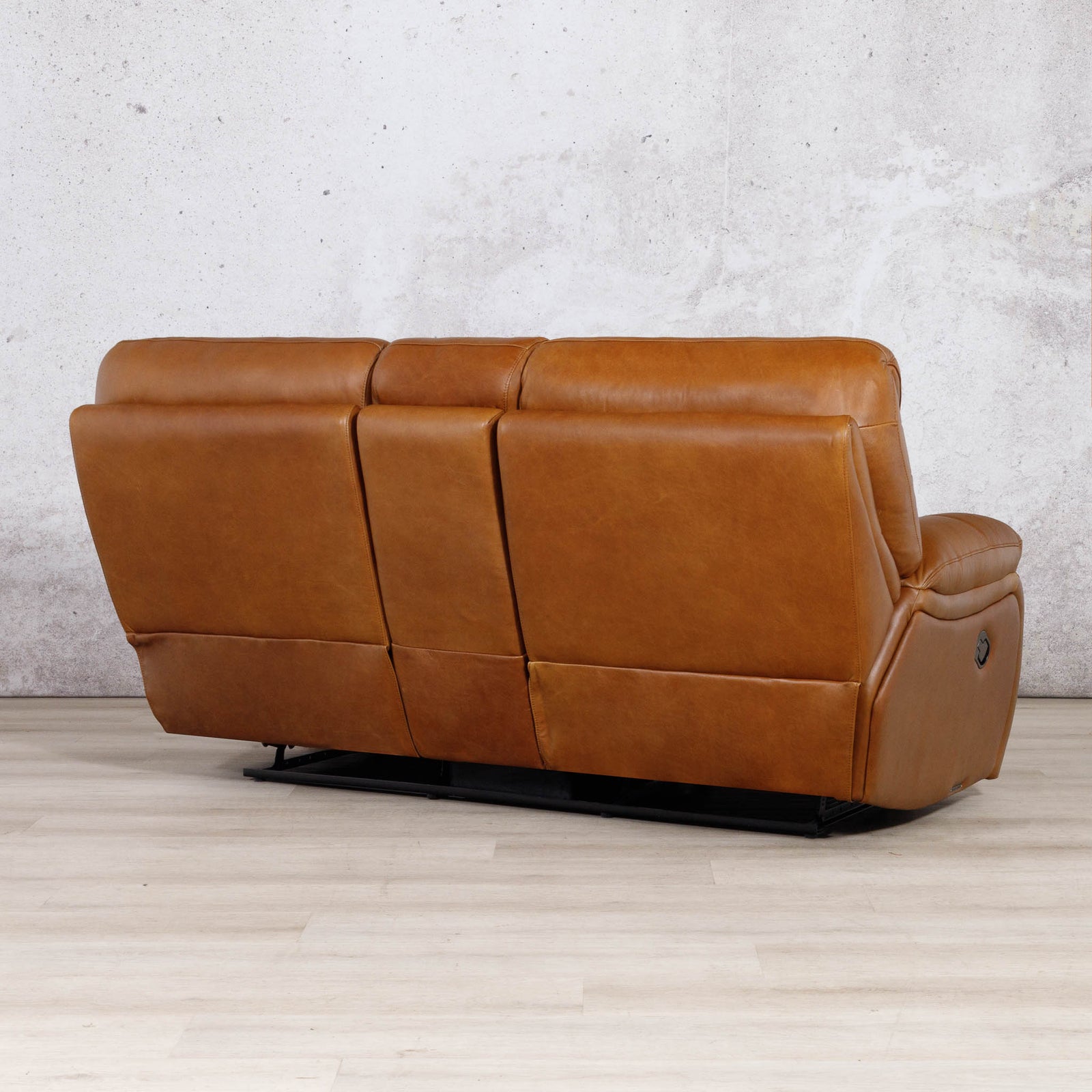 Rear three-quarter view of the Leather Gallery Kuta 2 Seater Leather Recliner Home Theatre in Czar Pecan, showing its leather upholstery and reclining design.