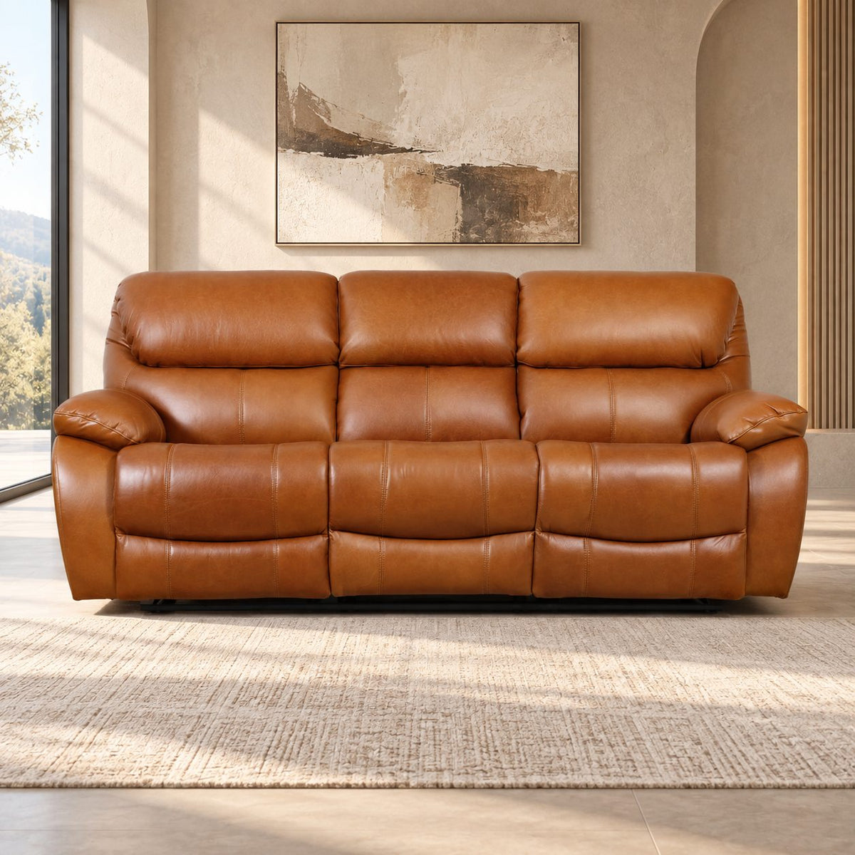 Leather Gallery Kuta 3 Seater Leather Recliner in Czar Pecan, featuring smooth leather upholstery and power reclining seats.
