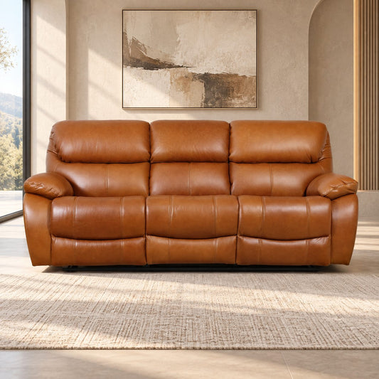 Leather Gallery Kuta 3 Seater Leather Recliner in Czar Pecan, featuring smooth leather upholstery and power reclining seats.