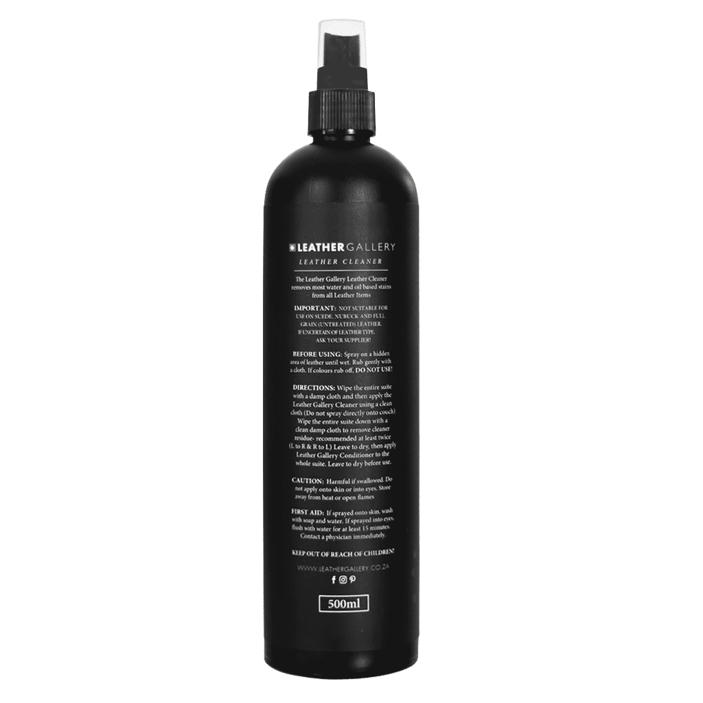 Back of the bottle of the Leather Cleaner by Leather Gallery | Leather Care & Leather Cleaning Products | Leather Couch Cleaner & Leather Couch Care 