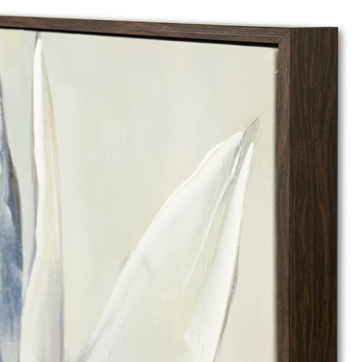 Side view corner of Linné Agave wall art showing thick white paint texture on the canvas and dark wood floating frame detail. Stunning wall decor for your space. 