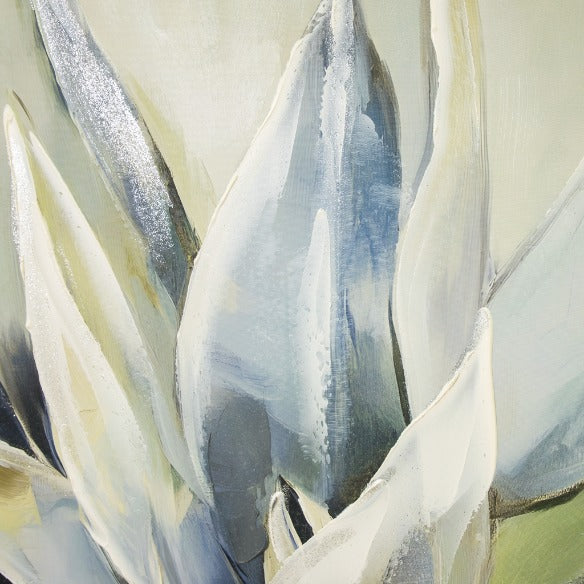 Detailed view of the abstract agave center, with layered white, blue, and gray paint strokes and metallic silver accents. Textured floral wall art. Wall décor 