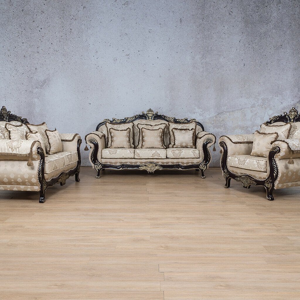 Leather Gallery Berlin 3+2+1 Fabric Lounge Suite, featuring ornate cream upholstery with carved dark wood detailing. Beige-B