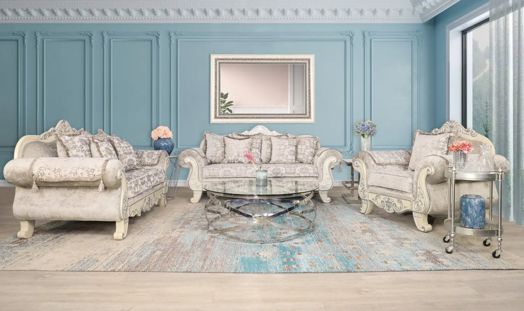 Add a touch of elegance to your living room with the Chanelle Fabric 3+2+1 Sofa Suite, featuring unique Jacquard pattern fabric.