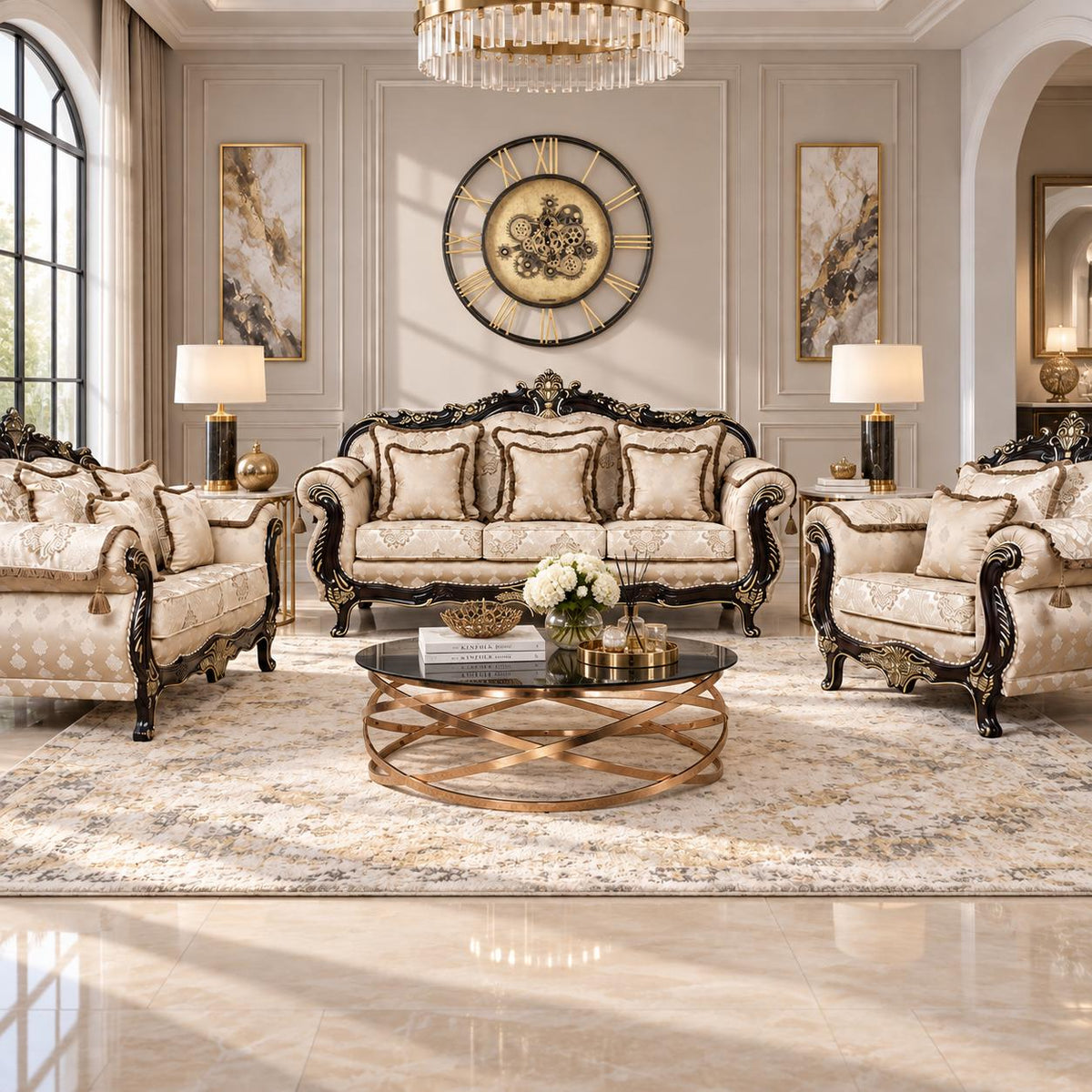 Leather Gallery Berlin 3+2+1 Fabric Lounge Suite, styled in a luxurious living room with ornate décor. Beige-B