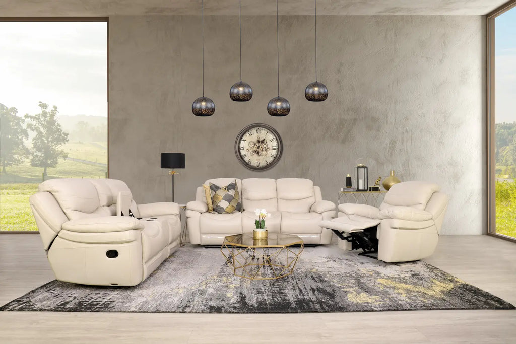 A cluster of Virgo Pendant Lights casting a warm glow in a living room, beautifully complementing Leather Gallery’s beige Geneva 3+2+1 Leather Home Theatre Recliner Suite.
